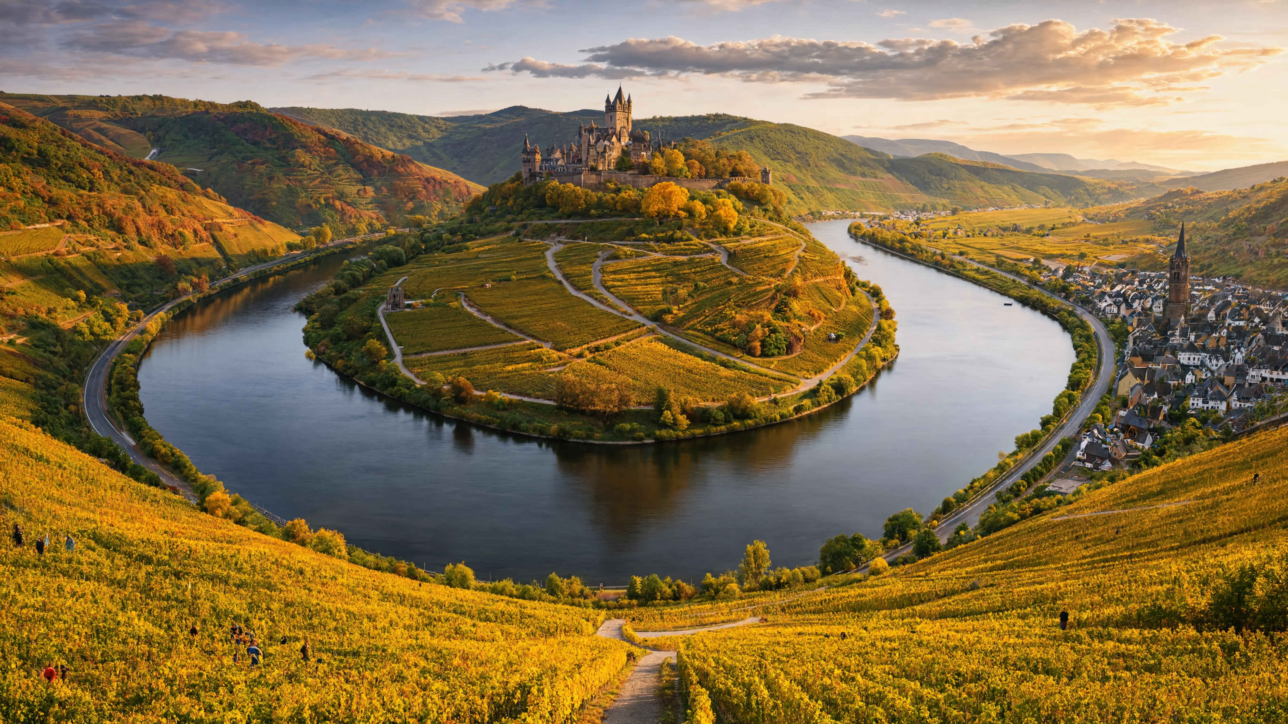 Weinberge an der Mosel im goldenen Herbstlicht — Terrassen-Weinlagen mit historischen Weinorten am Flussufer