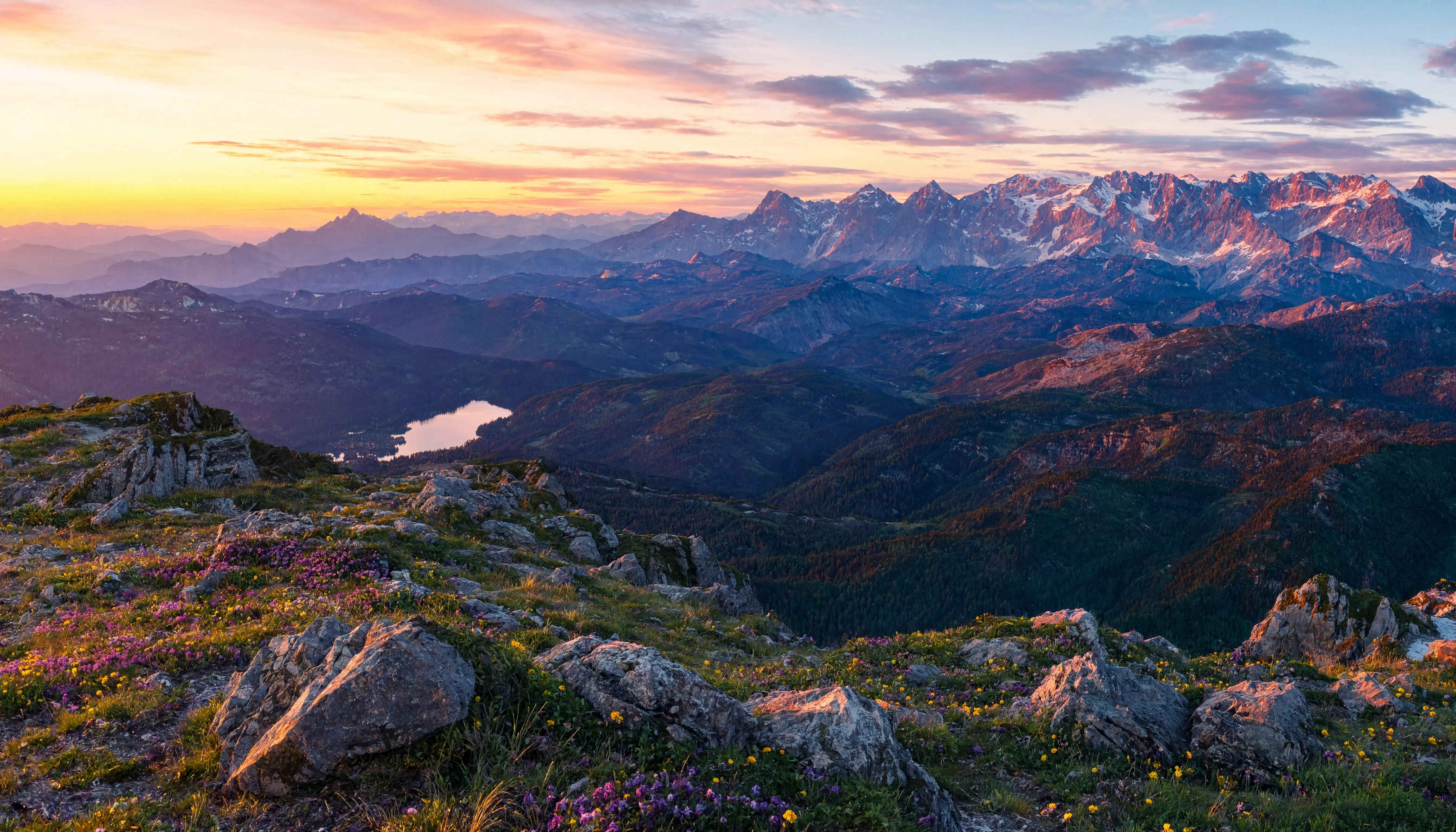 Atemberaubende Panoramaaussicht auf die deutschen Alpen — Bergketten in morgendlichem Dunst mit strahlend blauem Himmel
