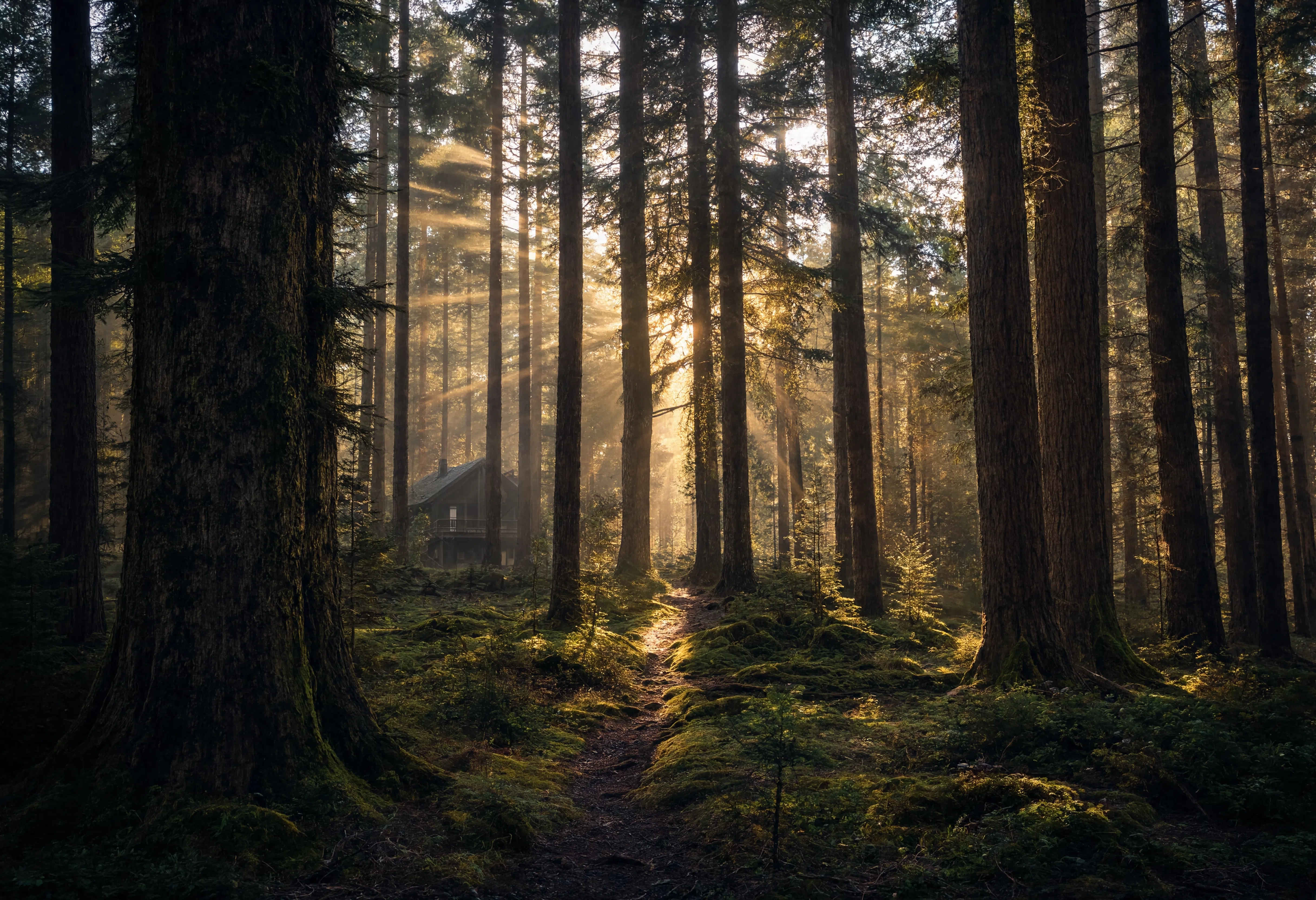 Dichter Tannenwald im Schwarzwald mit Lichtdurchflutungen und traditionellen Bauernhöfen